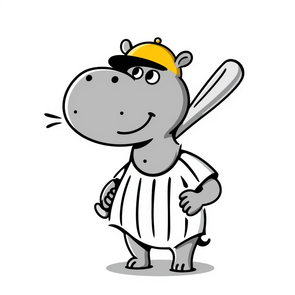 hippo holding a baseball bat, wearing a yellow helmet, pinstripes outfit emoji