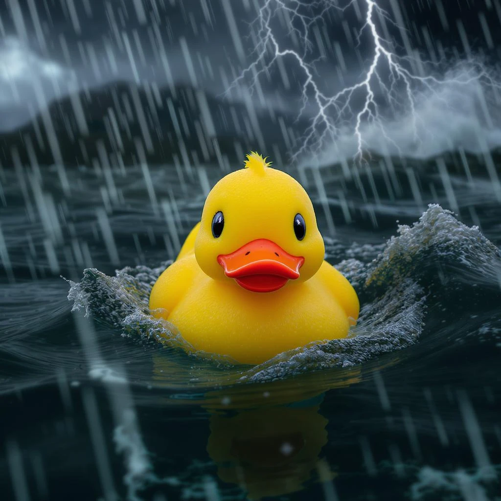 Cinematic still, Extreme Closeup shot of Yellow duck toy on ocean during storm, Camera from top, inspired by interstellar emoji