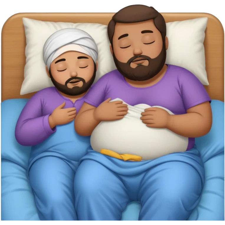 Obese brown man sleeping in bed with skinny hijabi emoji