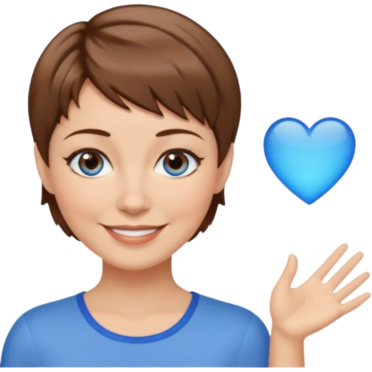 Frau helle Haut, braun mit dunkelblonden spitzen, kurzhaarfrisur Pixie schnitt, blaue Augen, mittleres alter emoji