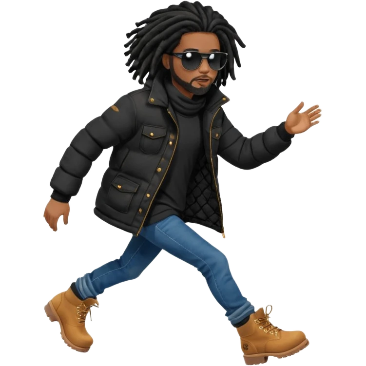 African American man brown skin complexion with black dreadlocks shoulder length wearing black bubble winter coat wearing black sunglasses with denim skinny jeans and timberland boots standing running emoji