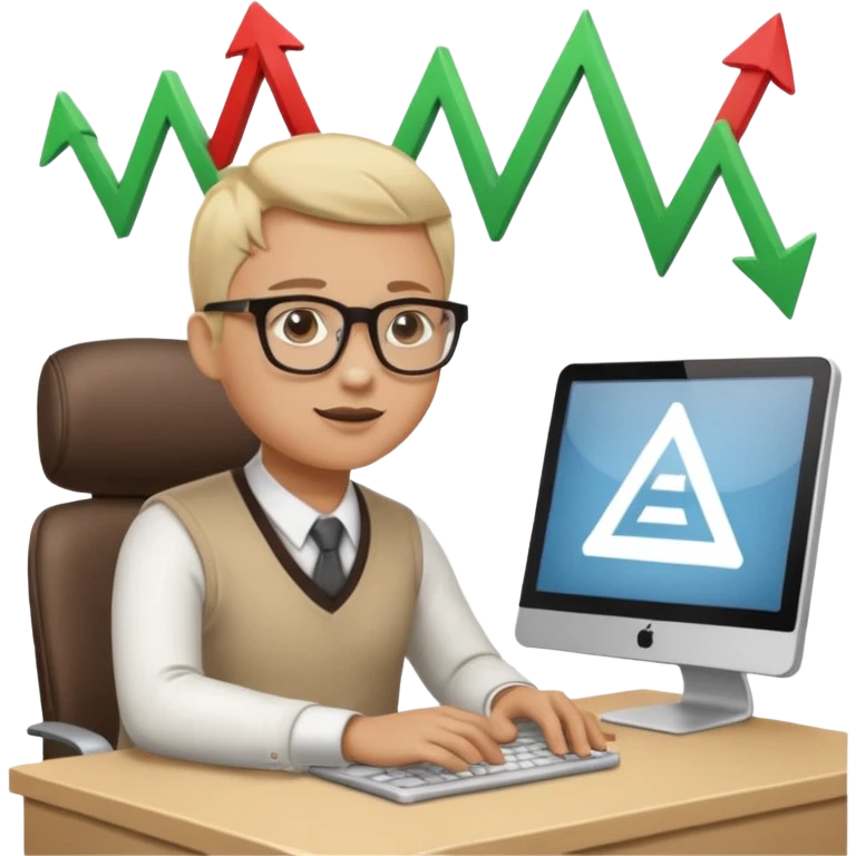 A person sitting at a desk working and looking at a computer with upward arrows and percentage signs, suggesting digital sales, marketing, or outreach. emoji