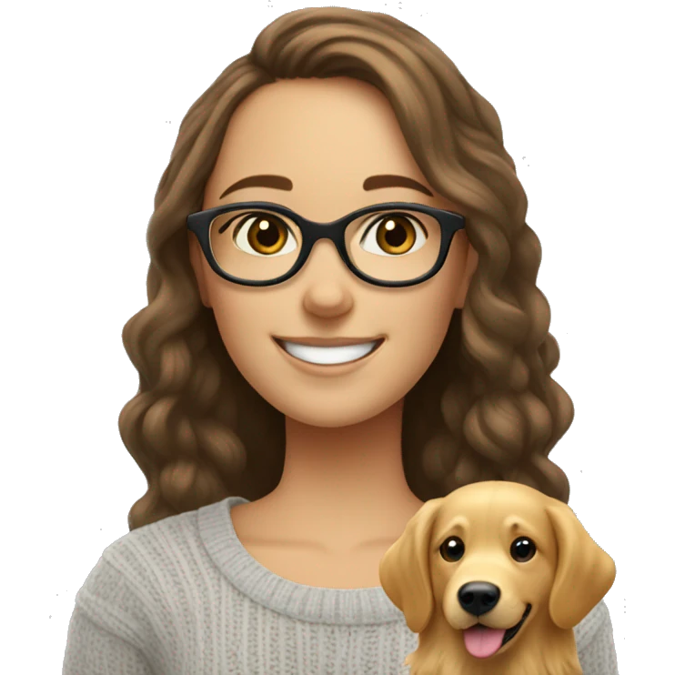 Smiling Caucasian brunette girl in sweater with glasses with smiling golden retriever emoji