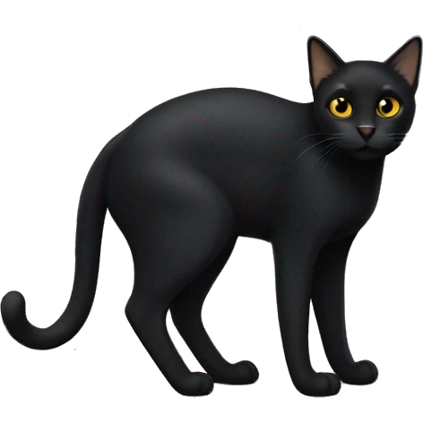 Petite, solid black cat with sleek short fur, light yellow eyes, and small black tufts at the very tips of her ears, blending in with her black fur. Full body, no white markings emoji