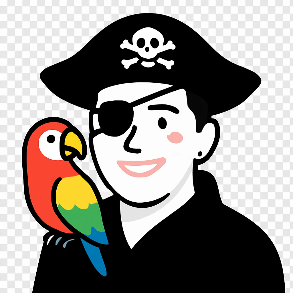 smiling pirate avatar with eye patch and colorful parrot emoji