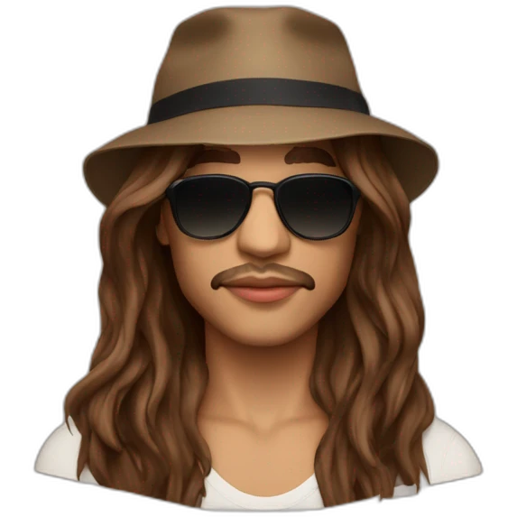 The french singer Lorenzo with this style : long brown hair bucket hat and sunglasses emoji