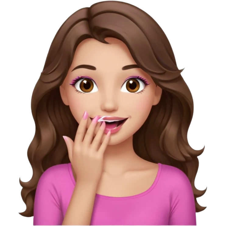 girl with long wavy brown hair, brown eyes, long lashes makeup, pink lips, light to medium complexion, pink sexy top, smiling, hand covering the mouth, giggling emoji