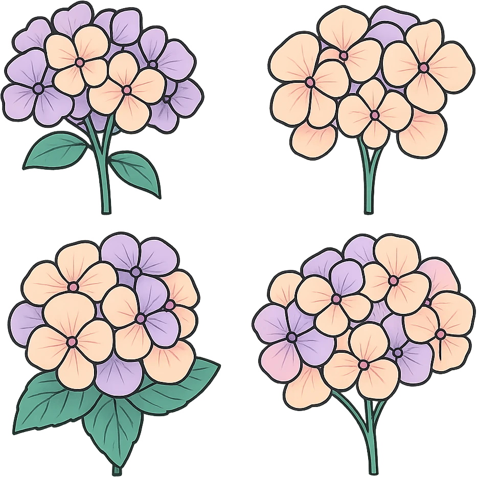 Hydrangea with multiple inflorescences, detailed with shadows and highlights, in icon-color-outlined style with thin clean outlines and soft rounded shapes. Use a pastel palette #98B5BC, #B5B3C1, #C9A3C9, #E4C0CA, #F7DCD1, #F7C0AA. Transparent background. Inspired by the reference image, focus on structure and details. emoji
