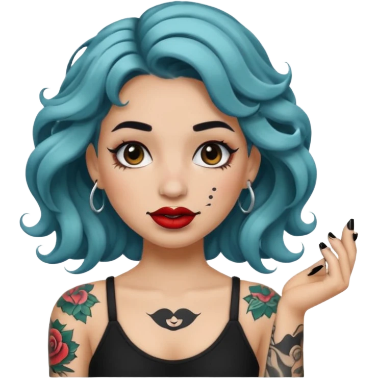I want to create a female emoji with wavy hair and arm tattoo with her nose pierced and black lip stick emoji