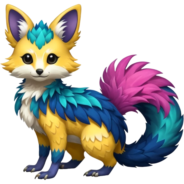 Feral Rare Fantasy colorful vibrant Vernid-Trico-species-Fakemon-creature by LiLaiRa, random markings, tufted tail, tufted ears, full body emoji