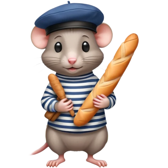 Rat wearing a beret and striped shirt holding a baguette with Eiffel Tower in background emoji