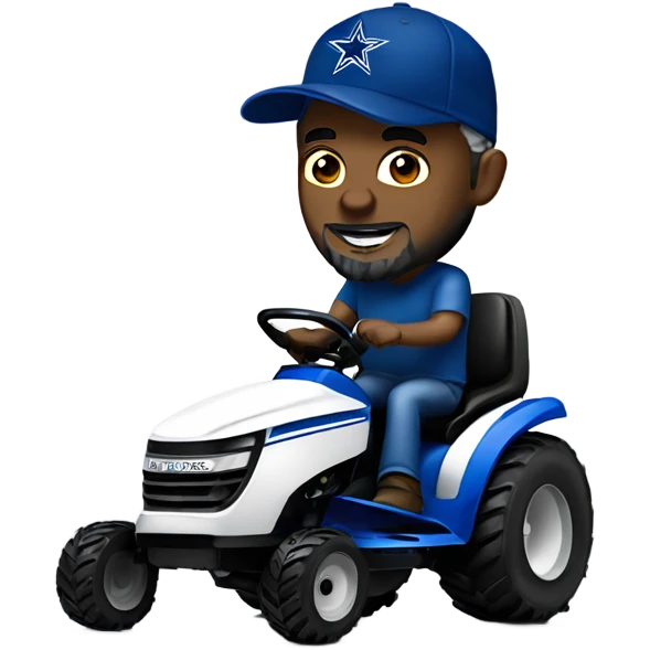 Bigger white man with short grey beard and blue Dallas cowboys hat riding lawn mower  emoji