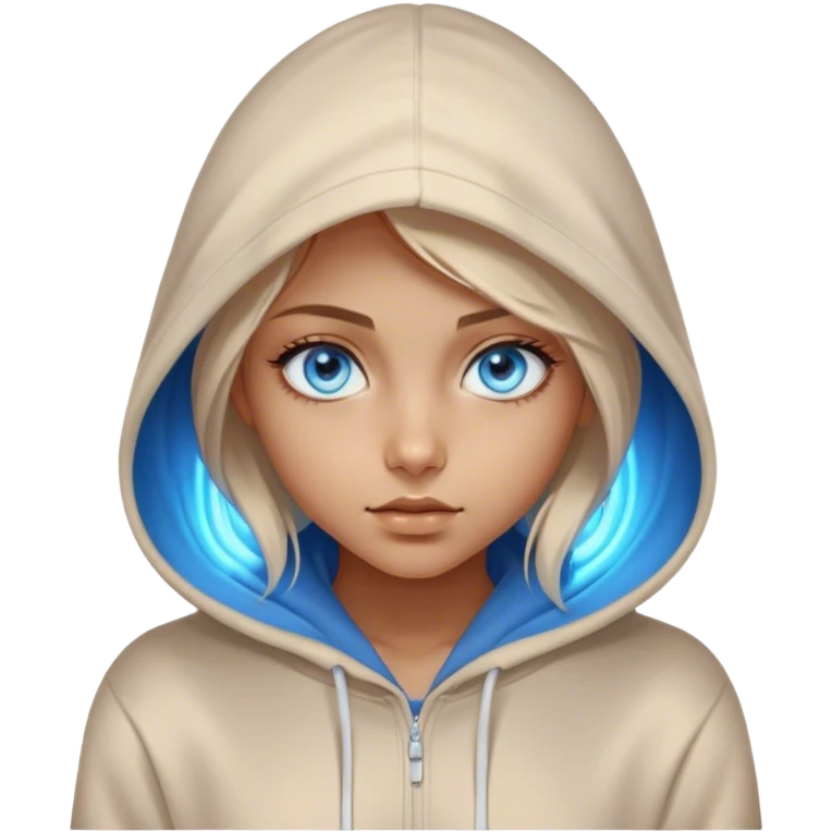 Cinematic girl with large sparkling blue eyes wearing a hoodie, Ultra realistic 32k HD, Breathtaking, hauntingly beautiful, Balanced features, highly detailed, glowing, high shine, enchanting, ghostly, dreamy glow, complex pose. The image is so lifelike it could leap off the canvas at any moment emoji