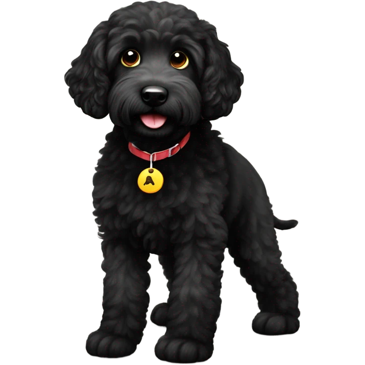 Little black labradoodle with a Hugo tag emoji