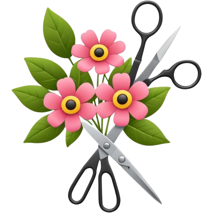 Minimalistic flat vector icon, iOS style, thin black contour on white background. Flower bouquet with leaves and scissors. No text, no shadows. emoji