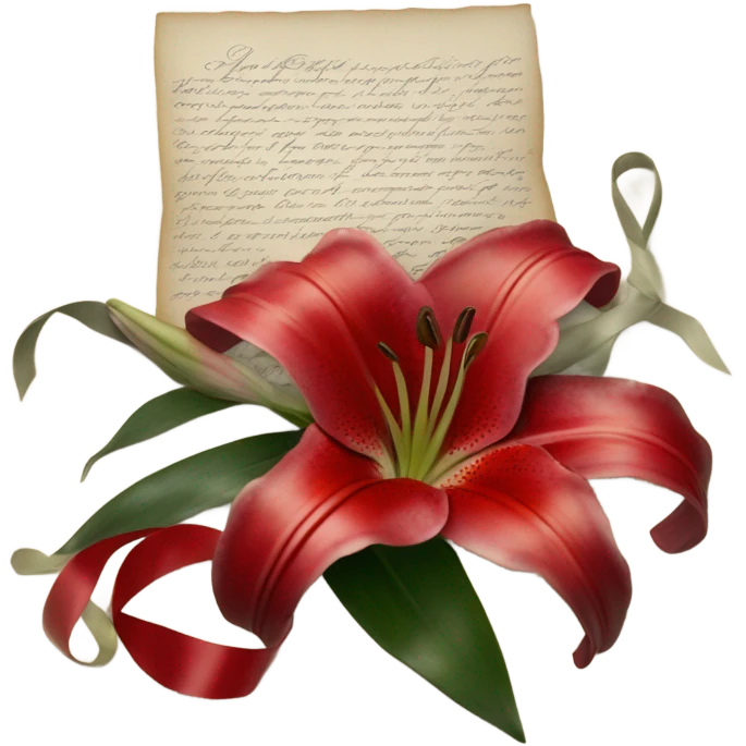 A soft-focus still life with red lilies, a string of pearls, and an old love letter tied with a satin ribbon emoji