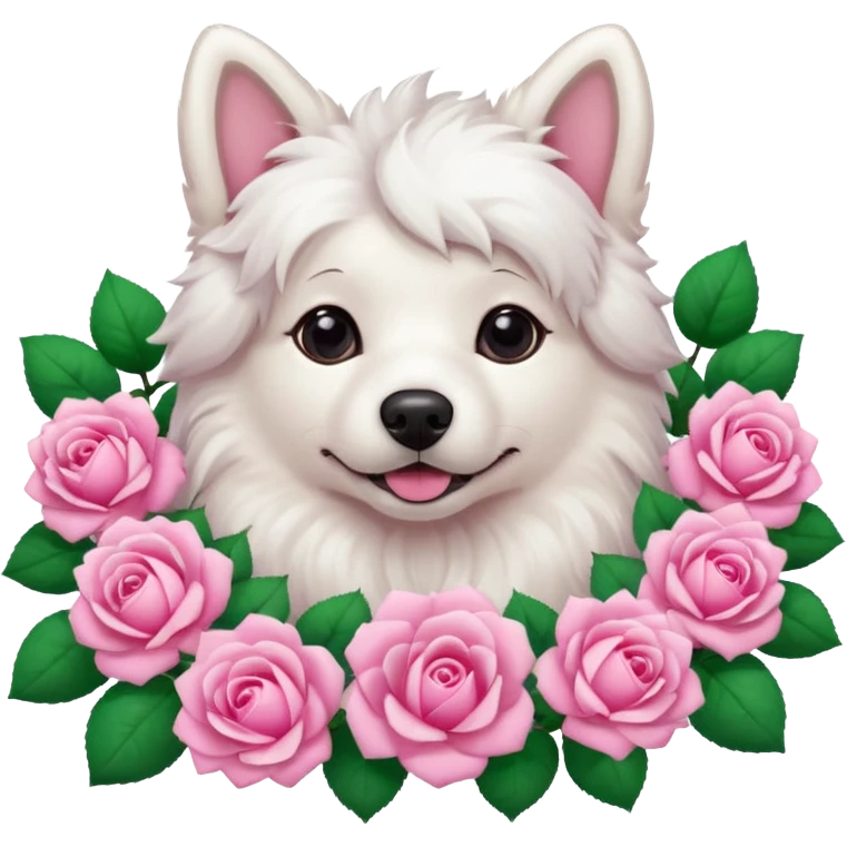 white dog laying on pink roses emoji