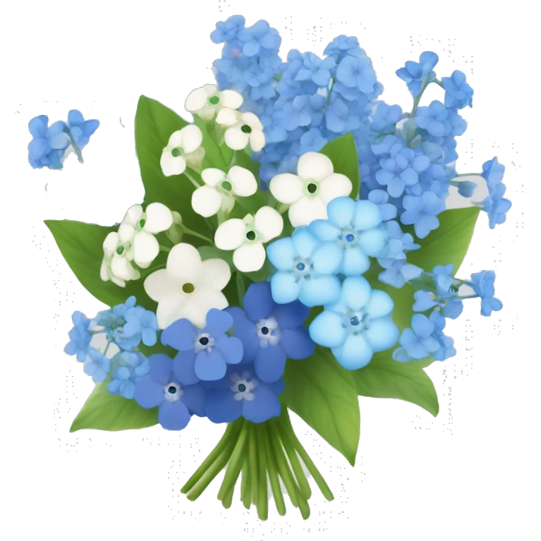 bouquet of baby breaths, delphiniums, forget me nots, and blue hydrangeas  emoji