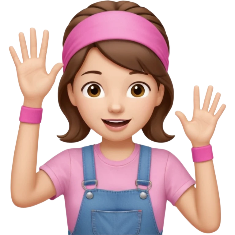 preschool teacher with brown hair pulled up in high ponytail and light pink headband. Has a pink t-shirt with denim overalls. Expression is happy and friendly with mouth wide open. Has one hand up waving hello. emoji