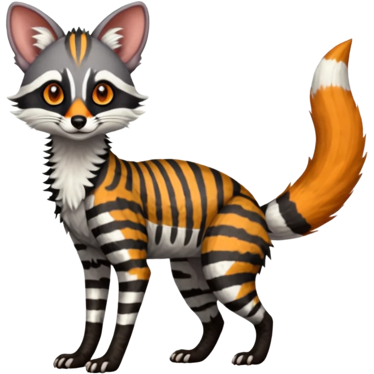 Feral Rare Fantasy shaded detailed colorful Genet-Vernid-Sergal-Fox-Trico-Civet-Cacomistle-Margay-species by LiLaiRa, with white stripes with dark-blackish points, white belly, random markings, tufted tail, tufted ears, full body emoji