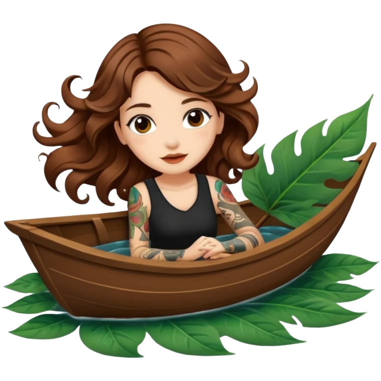 cute woman long wavy brown hair tattoos floating on leaf boat emoji