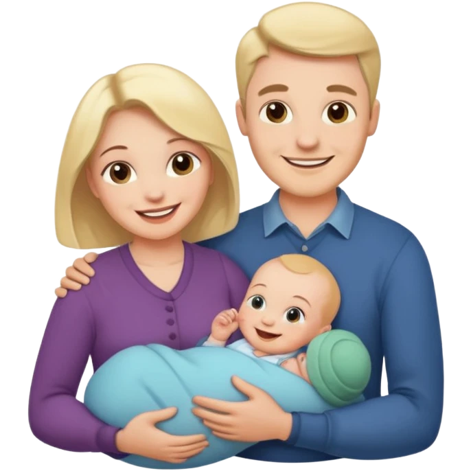 30s couple, man and woman smiling with a baby in the middle, family love emoji