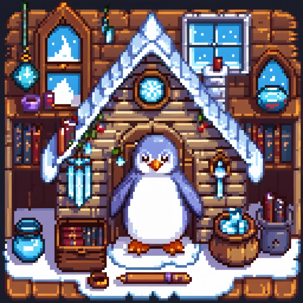 Cozy penguin wizard cottage with spell books, icy decorations, and magical artifacts emoji