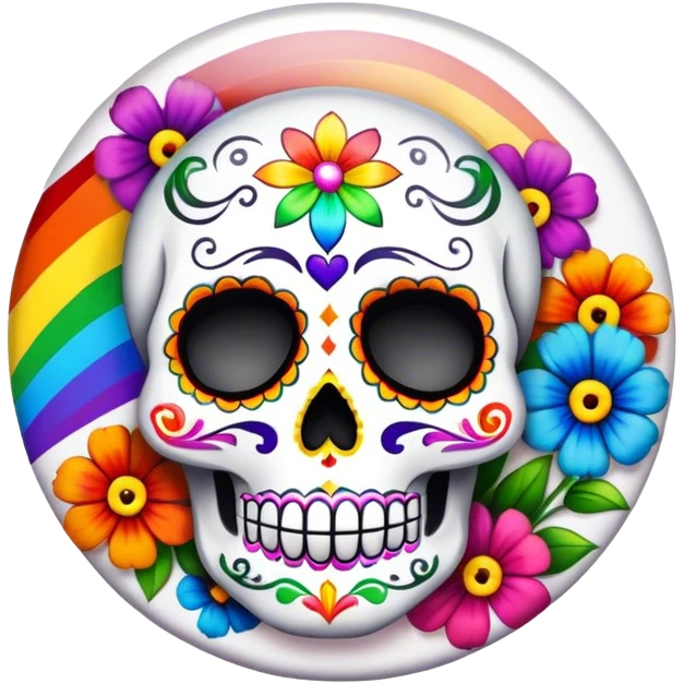 Beveled button with day of the dead sugar skull and rainbow colored flowers emoji