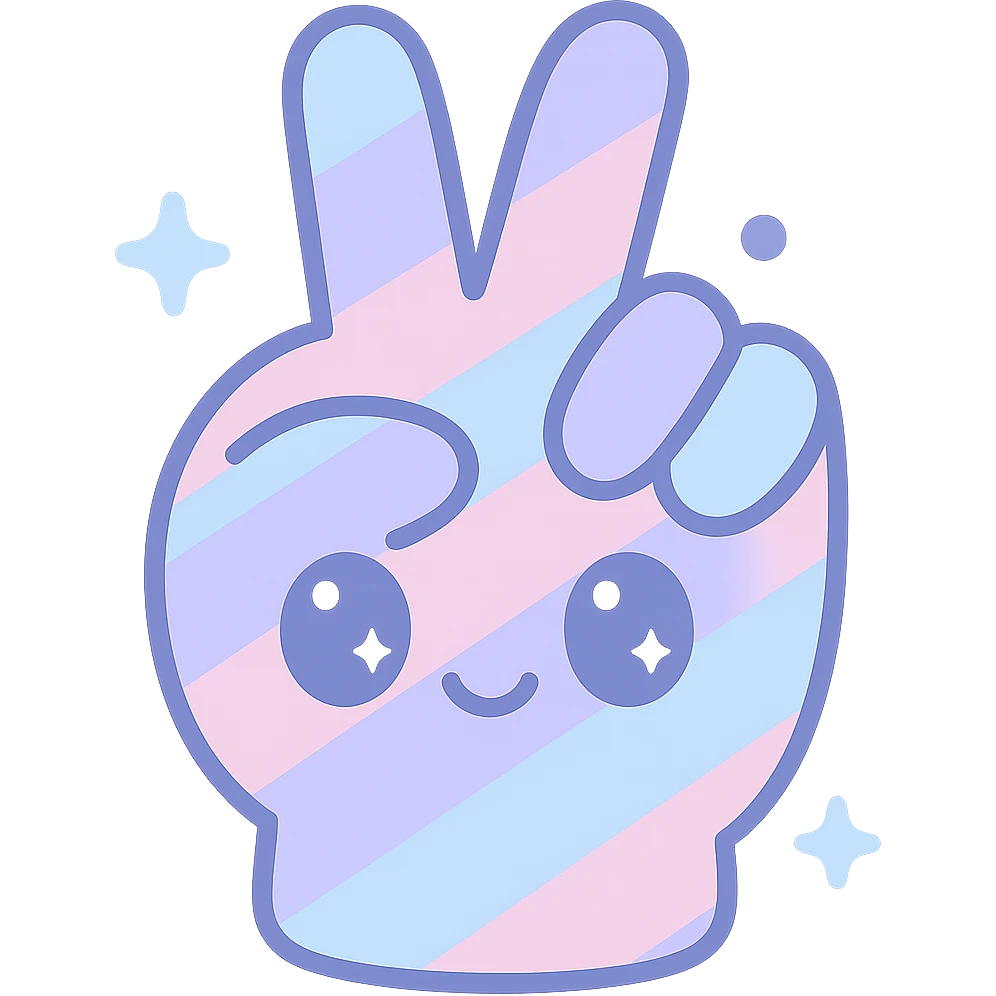 Increase blue and purple colors in the rainbow theme of the hand peace sign, keep the kawaii style, no background. emoji