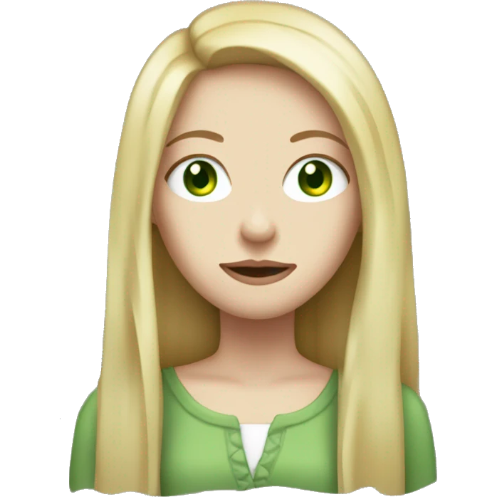 long dark red hair girl, pale skin, green eyes, blonde money pieces emoji
