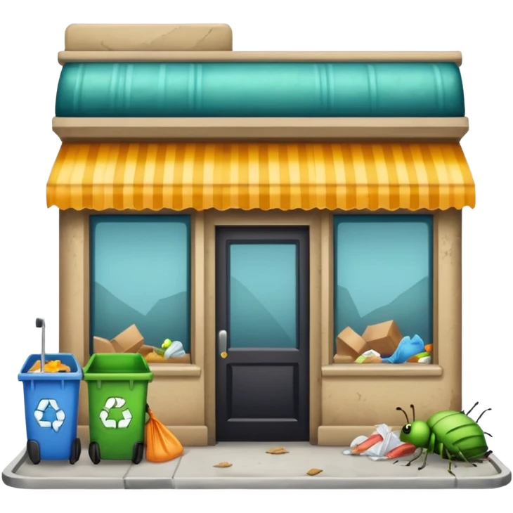 emoji-style icon of a storefront with garbage, bugs, and stink lines outside, looks neglected and dirty, clear at small size, no text emoji