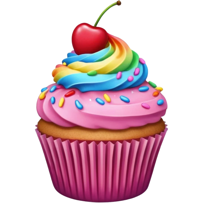 Cupcake with pink icing rainbow sprinkles and a cherry on top emoji