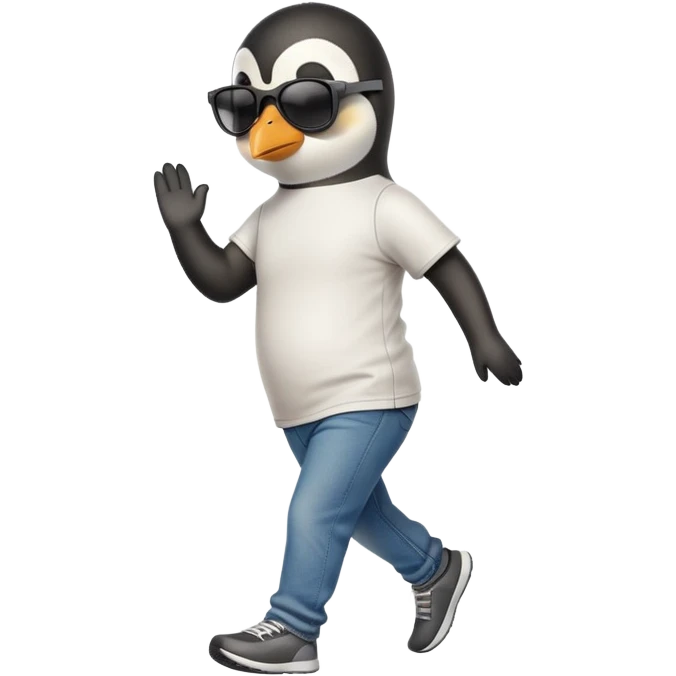 friendly anthropomorphised penguin in jeans and a t-shirt, wearing dark sunglasses, jogging upright, relaxed pose emoji