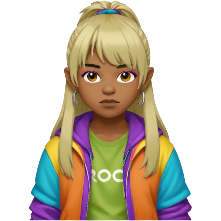  portrait-of-a-orc-k-pop-idol,-wearing-a-stylish-streetwear-outfit-with-layered-colorful-clothing,-long-hair-with-bangs,-makeup,- emoji