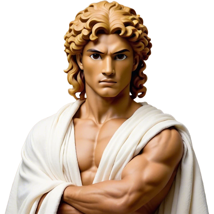 Cinematic Realistic Hercules Portrait, depicted as a classical Greek hero merging the fierce masculinity of the lion-wrestling Hercules with the refined face of Michelangelo's David. His light tan, chiseled skin glows with timeless strength, and his thick, curly, golden brown hair cascades in natural, sculpted curls reminiscent of a warrior’s mane. Draped in a flowing white robe with delicate golden accents and crowned with a traditional Greek laurel wreath, his intense, determined eyes exude noble might, all rendered under dynamic natural lighting with a mythic, radiant glow. emoji