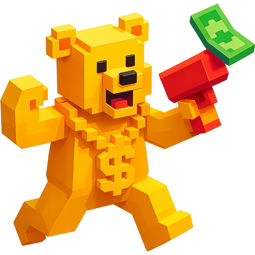 Russian grizzly bear with a rapper chain and money gun, in a dynamic pose emoji