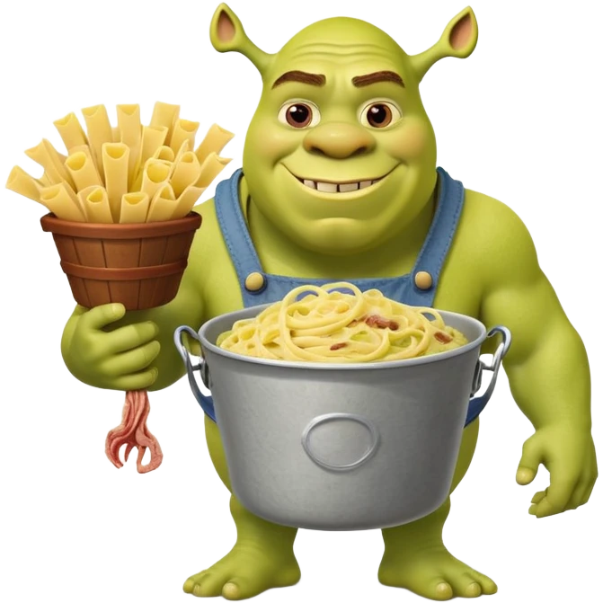 Shrek the green ogre holding a bucket full of carbonara pasta emoji