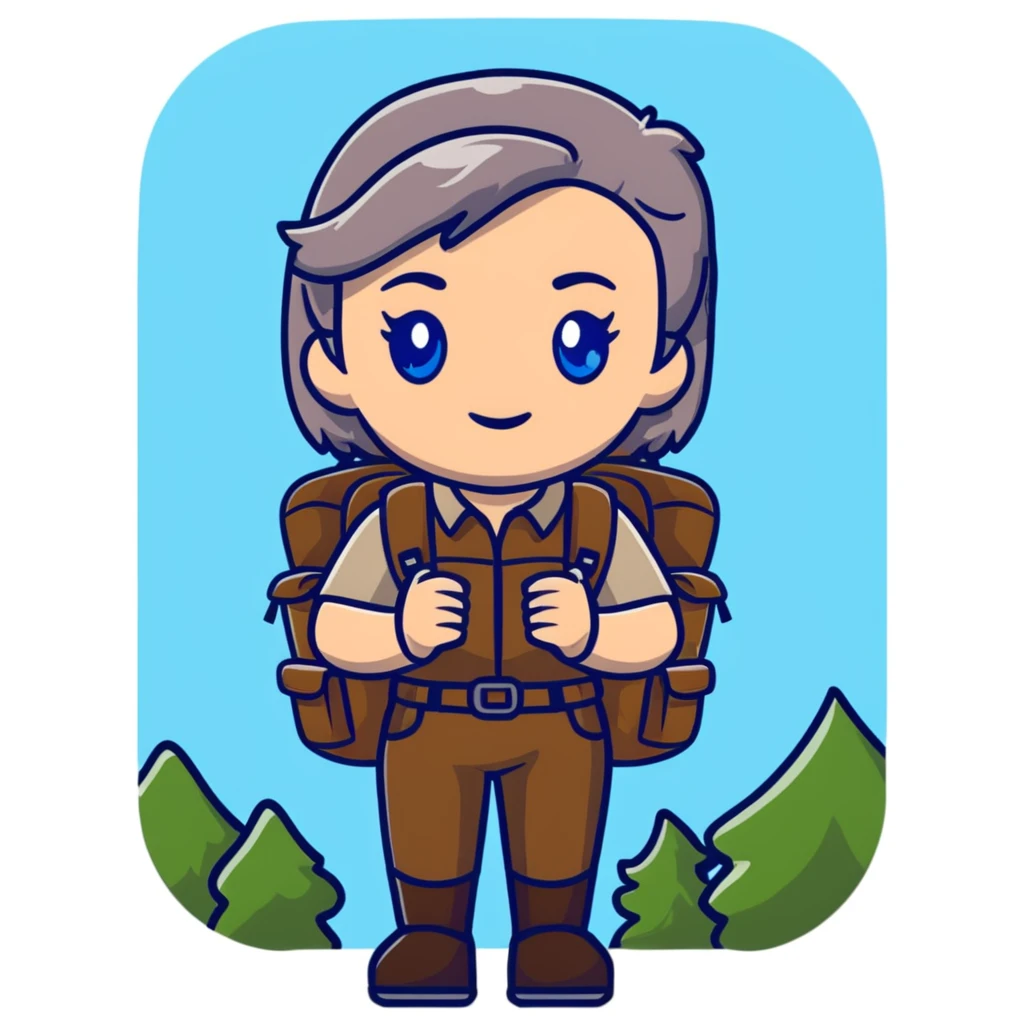 white woman park ranger with blue eyes, brown and gray hair, wearing a backpack, standing in a nature background emoji
