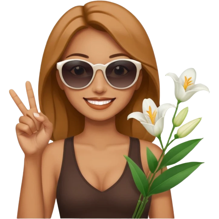 Relaxed sexy woman smiling holding lilies posing in shades  and flashing peace sign  hand emoji