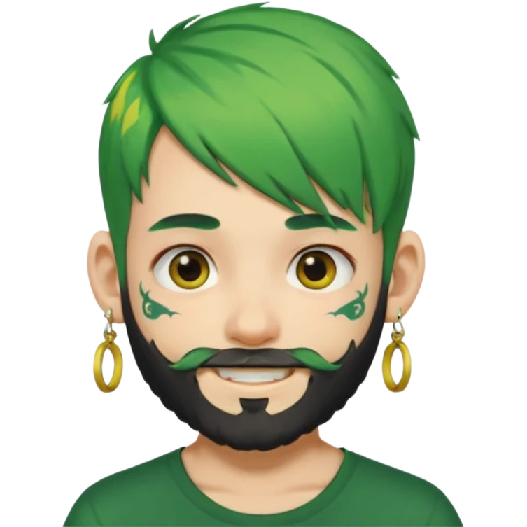 boy with bangs and green hair and yellow small hairtie on side and earrings and very heavy face tattoos and beard emoji