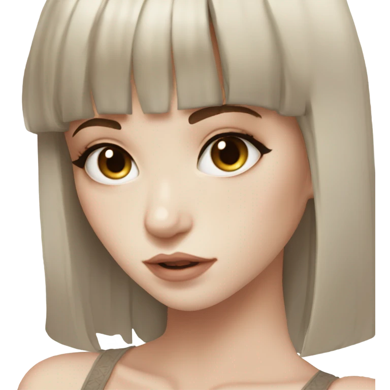 beautiful model, pale skin, deep brown eyes, double eyelids, straight long brown hair, bangs, white laced top emoji