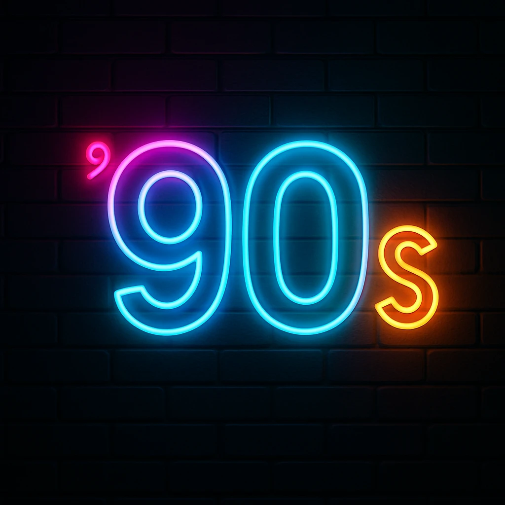neon sign that reads '90s', glowing, retro colors, dark background emoji