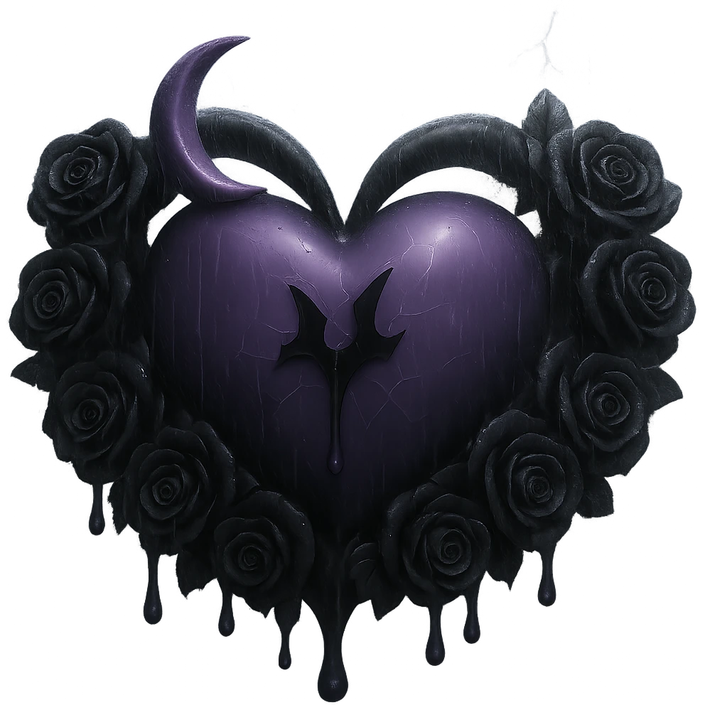 Add much more rain and thick mist to the scene, keeping the prominent black roses, gothic heart, purple glass, crescent moon with dripping effect, faint lightning, cracked glass with misty glow. The style should resemble 3D emoji style. Remove the background. emoji