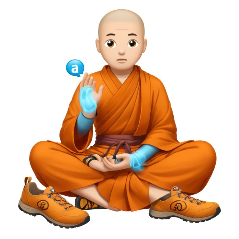 Je voudrais un moine bouddhiste avec un mulet qui pris en direction d’une paire de chaussures de trail, avec une bulle de pensée avec marqué trail emoji