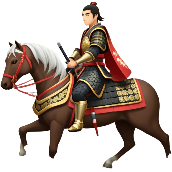 An icon representing an adventure game, inspired by feudal Japan. The design features a disciplined samurai riding a noble warhorse, its armor adorned with intricate patterns. A backdrop of cherry blossoms and a setting sun over a distant pagoda conveys a sense of honor, tradition, and battle-readiness. Transparent background. emoji