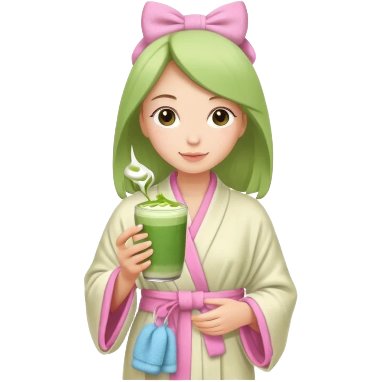 Girl with towel and a pink bow on the towel and the girl holding a matcha latte and wearing a robe emoji
