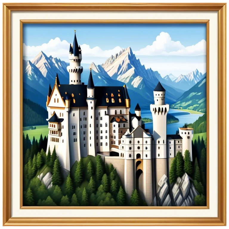 Cinematic Realistic Neuschwanstein Castle Landmark Emoji, depicted as the fairy‚Äêtale castle set against a mountainous backdrop rendered with dramatic lighting and intricate textures. emoji