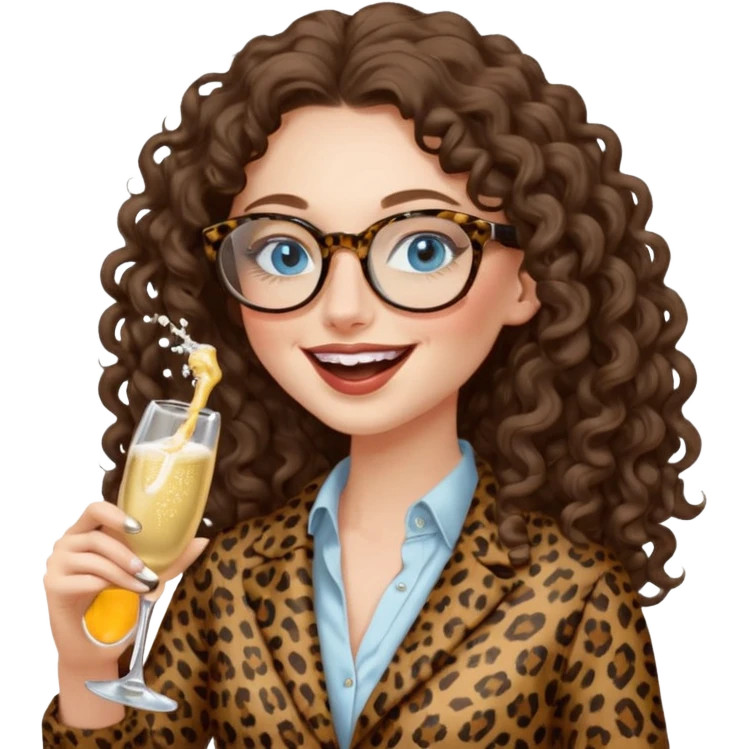 a blue eyed woman with very long brunette curly hair, full lips,and really pale skin. She is wearing a leopard printed thin round-ish glasses . She is wearing fully brown clothes. She is celebration sth with a bottle of champagne and laughing emoji