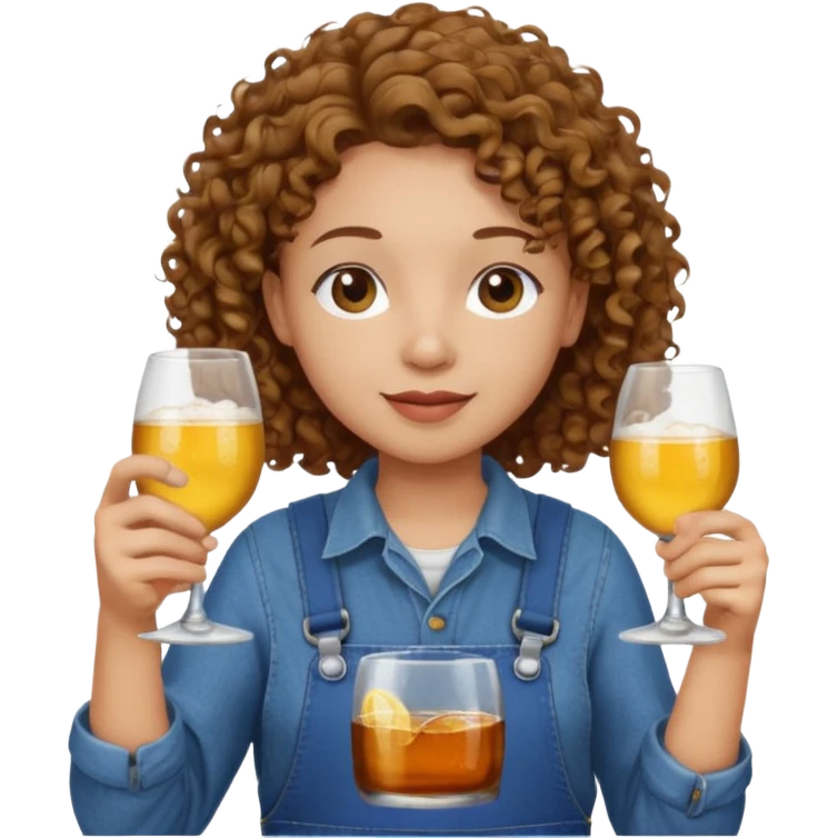 Curly haired curl with brown hair and light skin in overalls toasting with alcohol emoji
