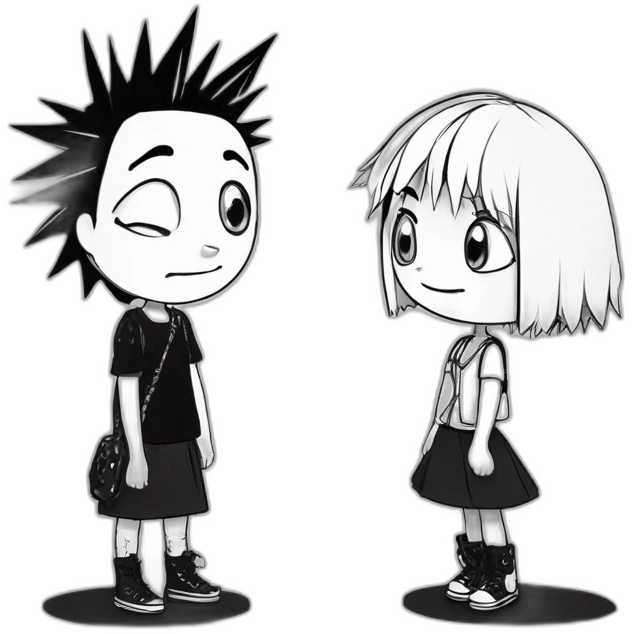 (a black and white dog) and a girl with black spiky hair looking at each other in style of ((sarah andersen)), black and white,sarah andersen,cartoon,drawn,sketch emoji